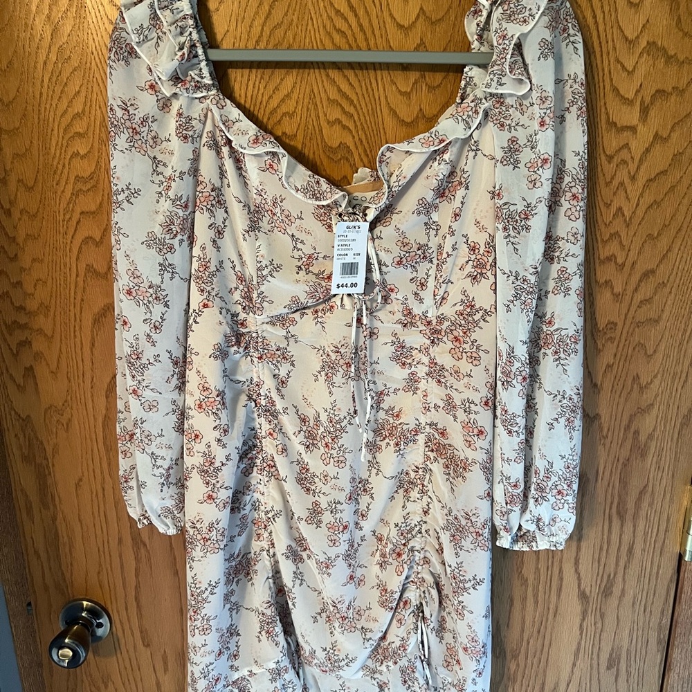 Cream Long Sleeve Tie Front Sundress for Wedding Guest